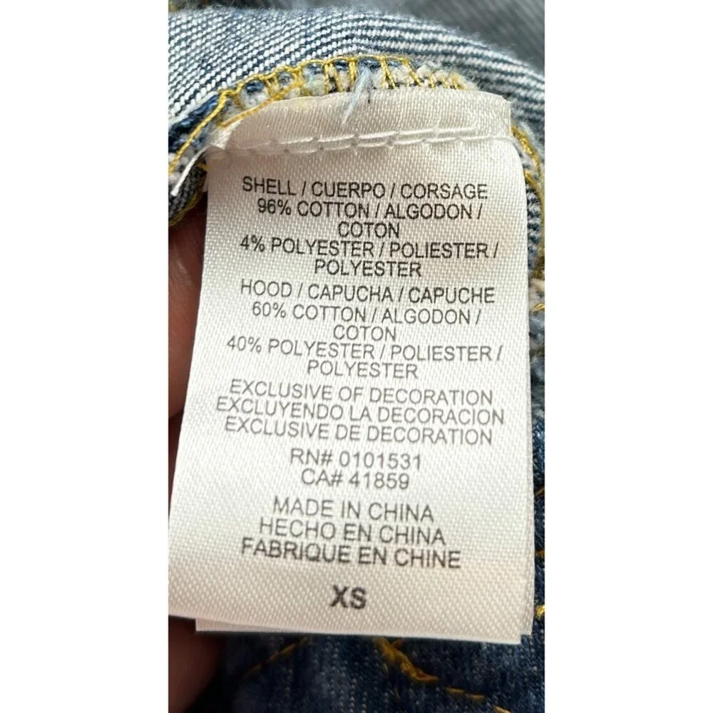 Disney‎ Mickey Mouse Jean Jacket Womens XS Blue Denim Hooded Embroidered Patch